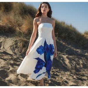 Mac Duggal 21075 White Strapless Satin Midi Dress With Flower Print Sz 4 NEW